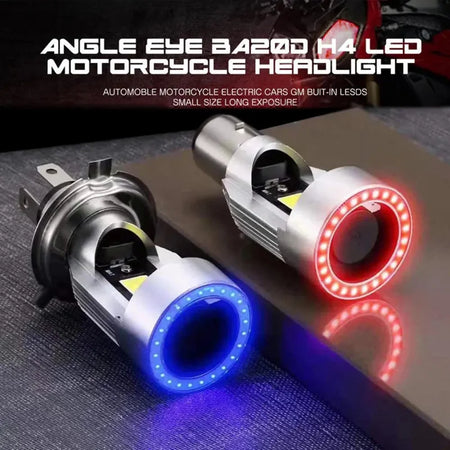   H4 BA20D Blue/Red Angel Eye LED Motorcycle Headlight