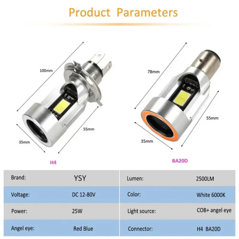   H4 BA20D Blue/Red Angel Eye LED Motorcycle Headlight