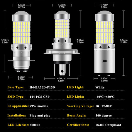   1PCS 144SMD H4 P15D BA20D Motorcycle Headlight Bulbs