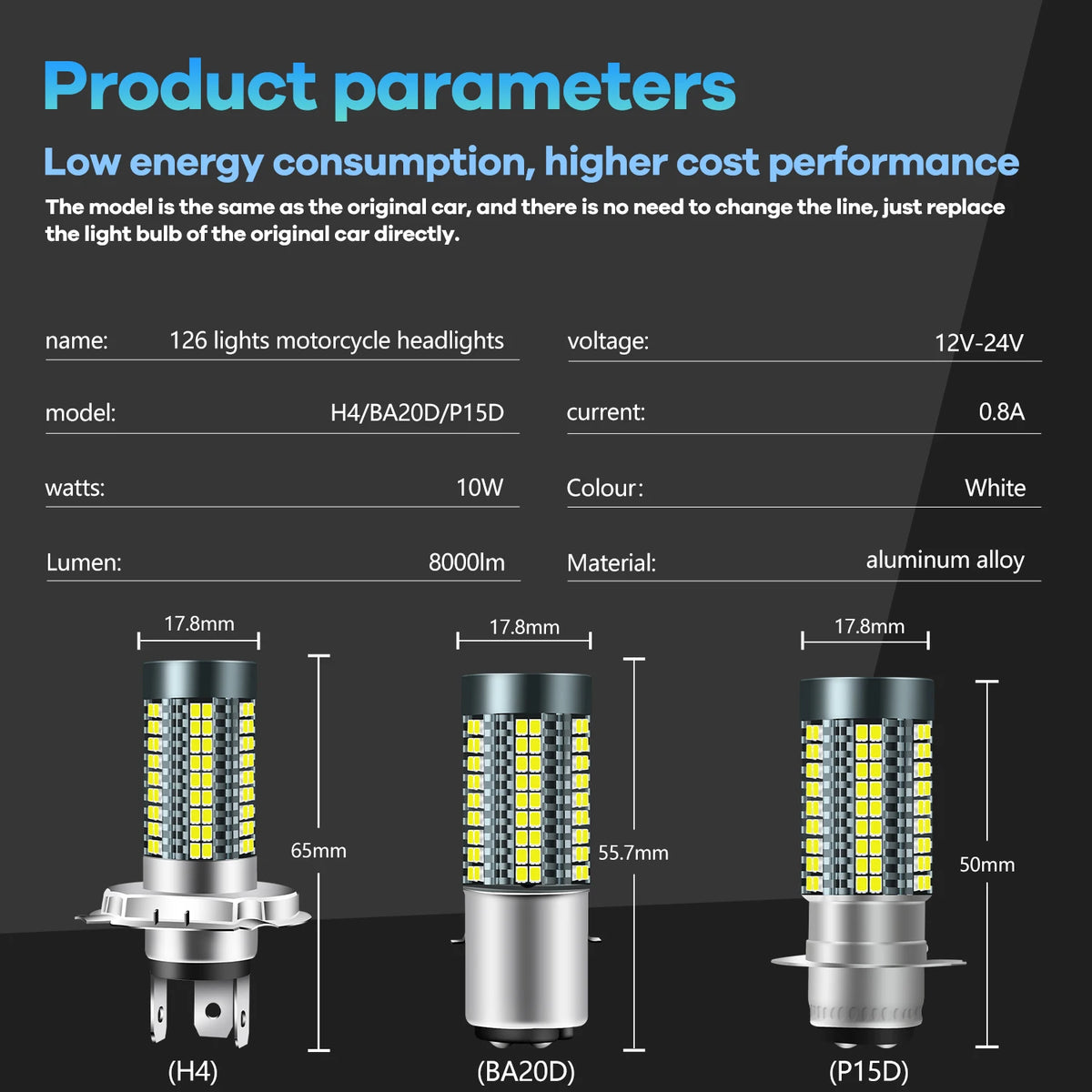   1PC P15D H4 BA20D Moto Headlight Bulbs 126LED White Hi Lo Beam
