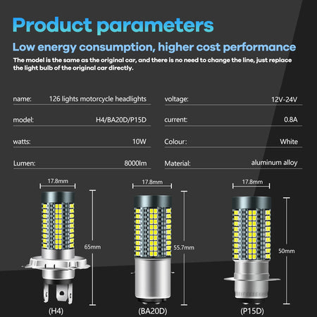   1PC P15D H4 BA20D Moto Headlight Bulbs 126LED White Hi Lo Beam