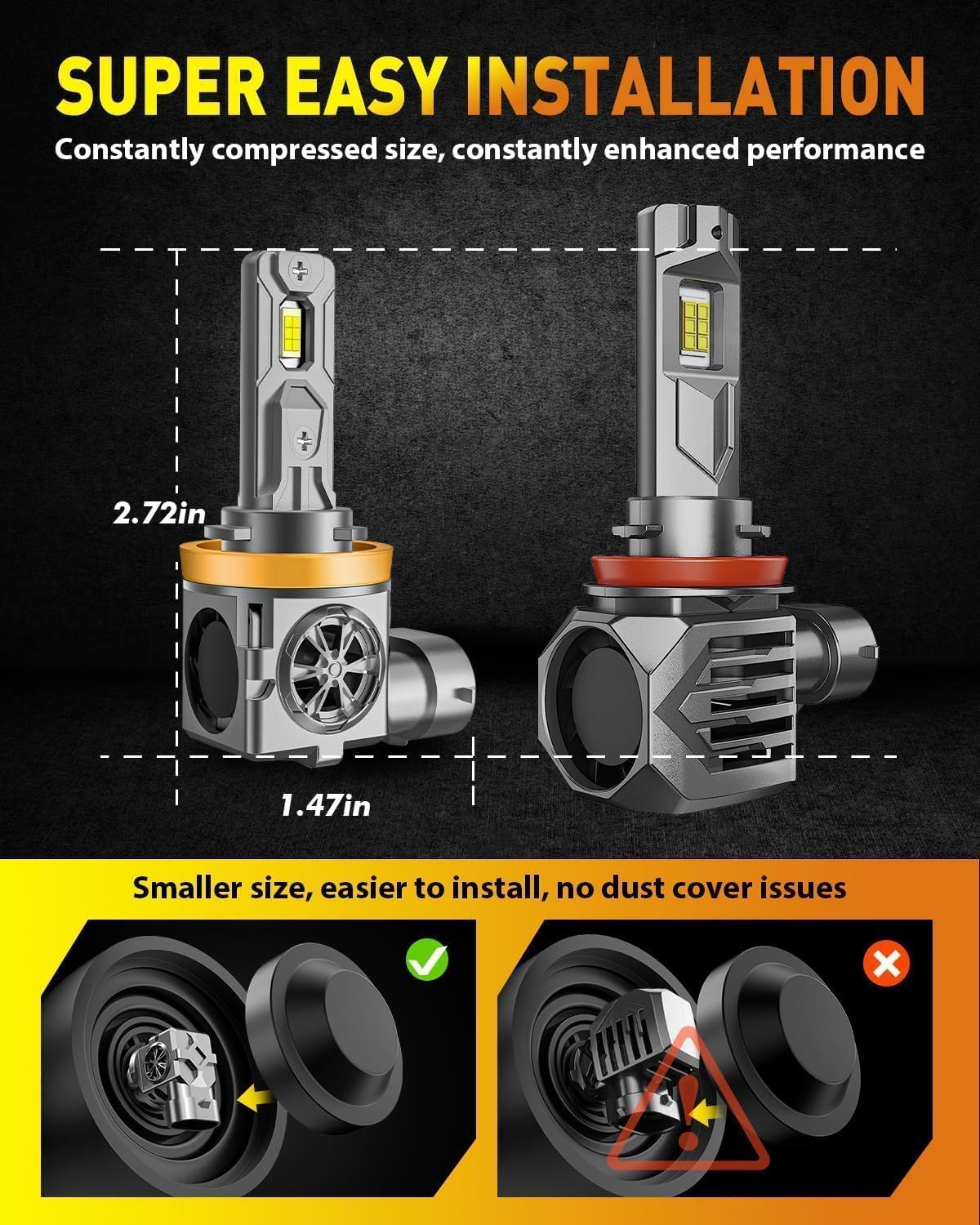   H11/H8/H9 & 9005/HB3 LED Bulbs Combo, 60,000LM 900% Ultra-Bright, Real 1:1 Mini Size, 6500K White 70,000Hrs Long Life with Cooling Fan