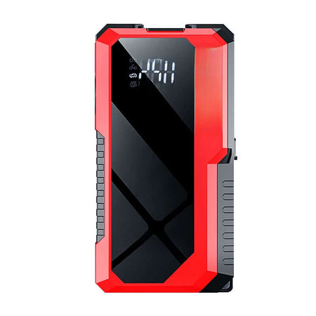 Car emergency start power supply and air pump all-in-one machine in red and black design, featuring an LED display.