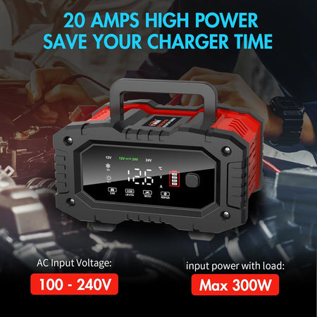   YONHAN 20A Battery Charger - Fully Automatic 12V/24V LiFePO4 & Lead Acid Maintainer