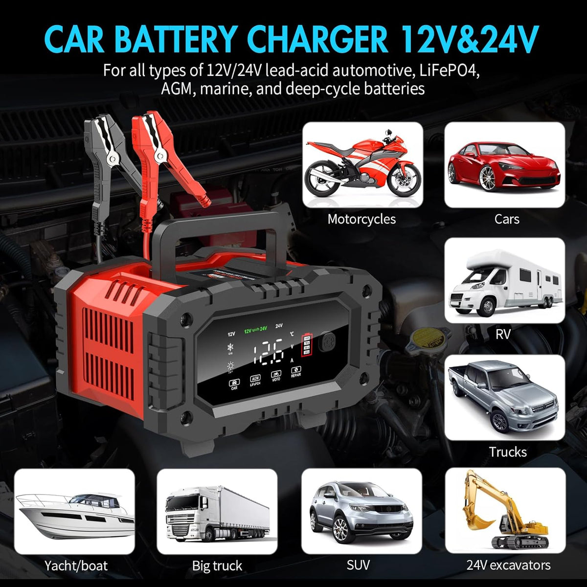   YONHAN 20A Battery Charger - Fully Automatic 12V/24V LiFePO4 & Lead Acid Maintainer