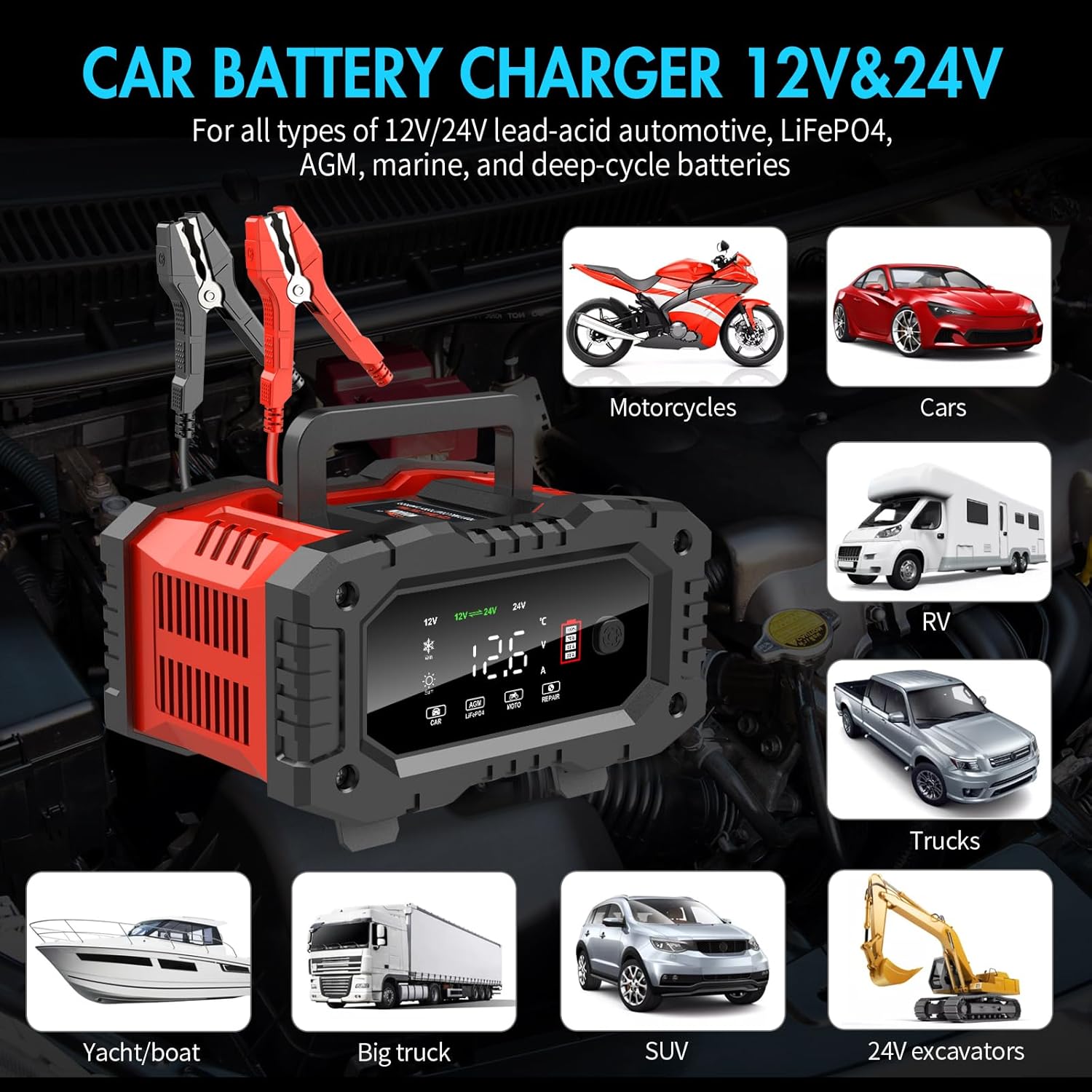   YONHAN 20A Battery Charger - Fully Automatic 12V/24V LiFePO4 & Lead Acid Maintainer