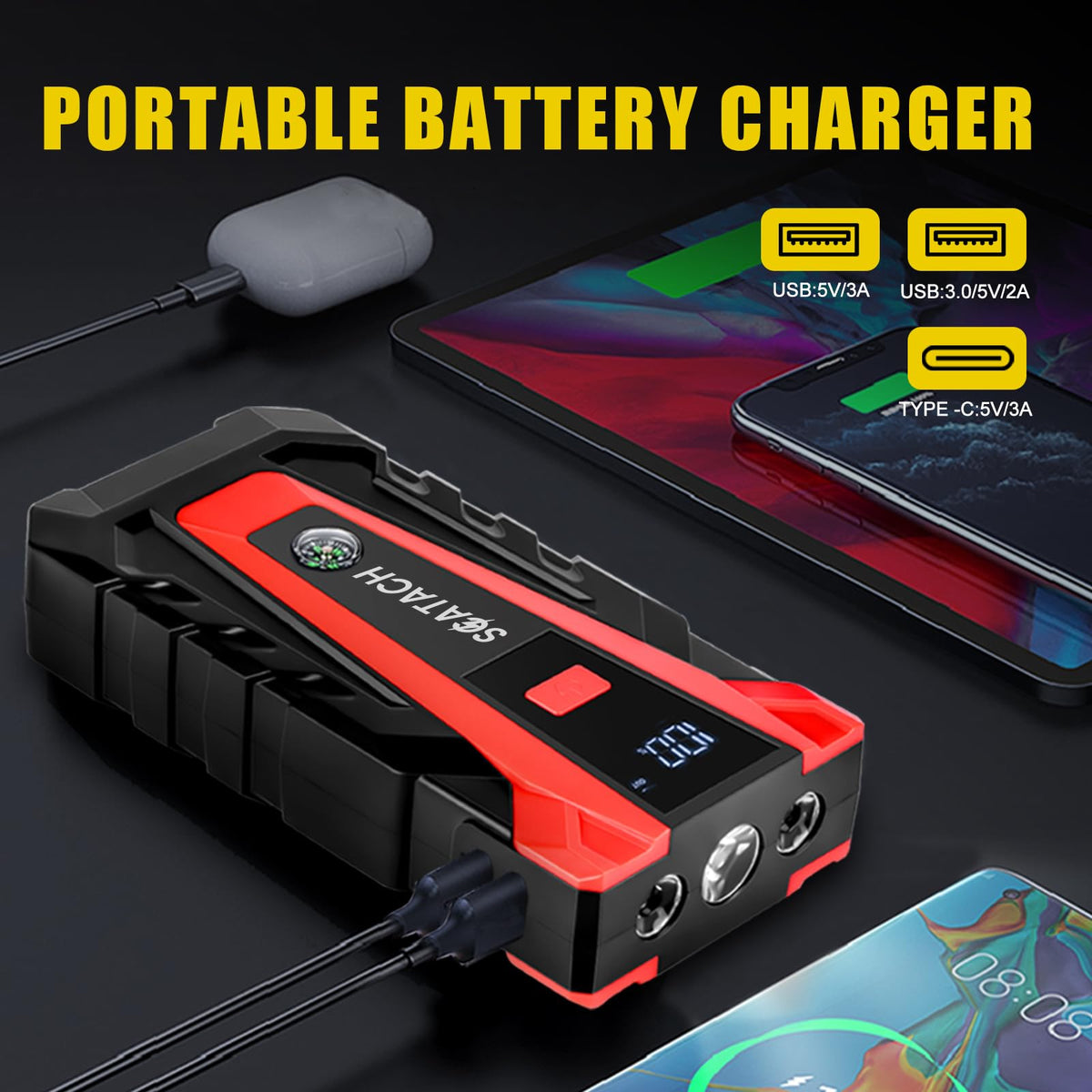   Scatach 011 5000A Car Battery Jump Starter,12V Jump Starter Battery Pack (up to 14.0L Gasoline and 12.0L Diesel Engine) Flashlight and Jumper Cable