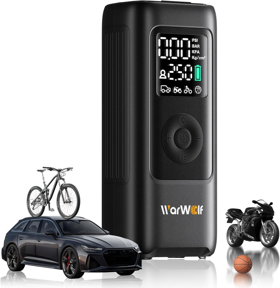   WARWOLF 160PSI Tire Inflator Portable Air Compressor - 48LPM Fast Air Pump for Car Tires: SUV, Light Truck, Motorcycle, Bike, 10000mAh with Auto Shut-Off, Digital Gauge, 12V Car Adapter, LED Light