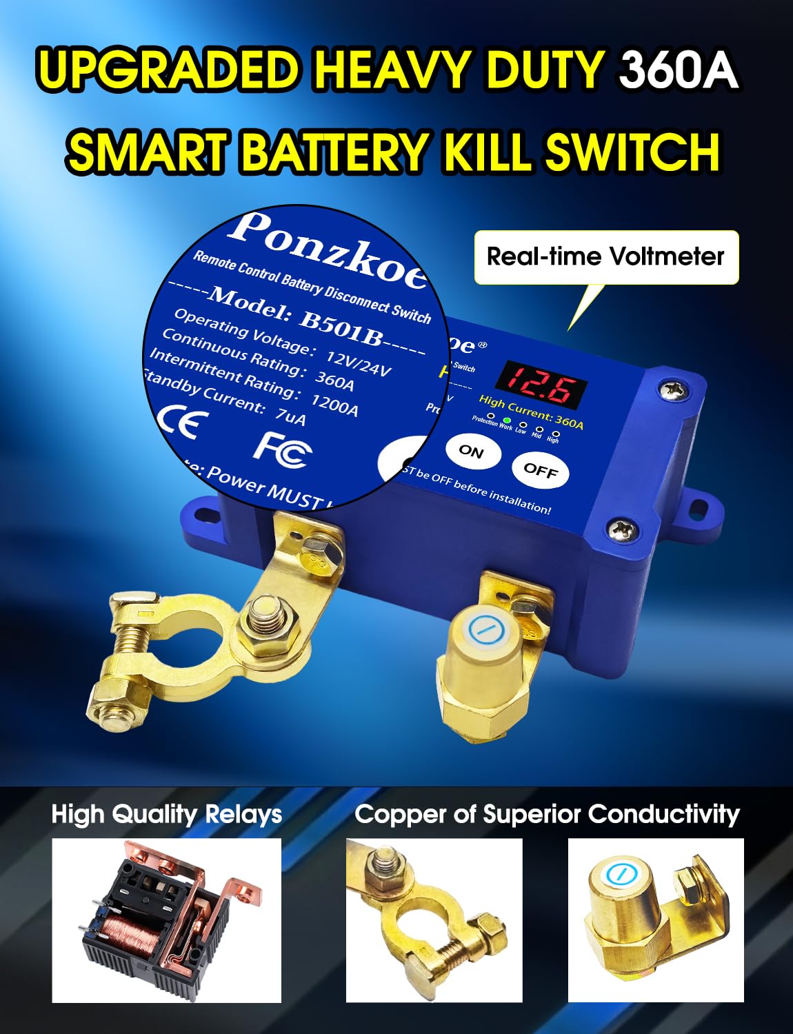   250A Smart Remote Battery Disconnect Switch - Quick Kill Switch for Cars, Marine, RVs, and More