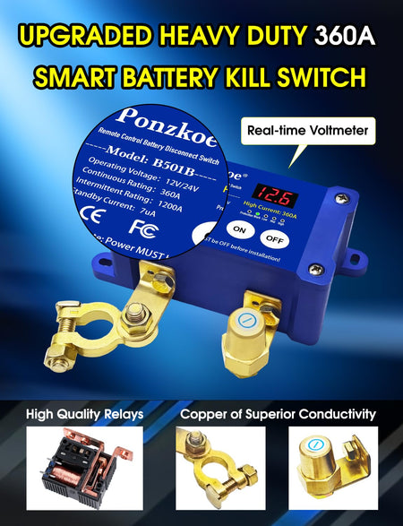   250A Smart Remote Battery Disconnect Switch - Quick Kill Switch for Cars, Marine, RVs, and More