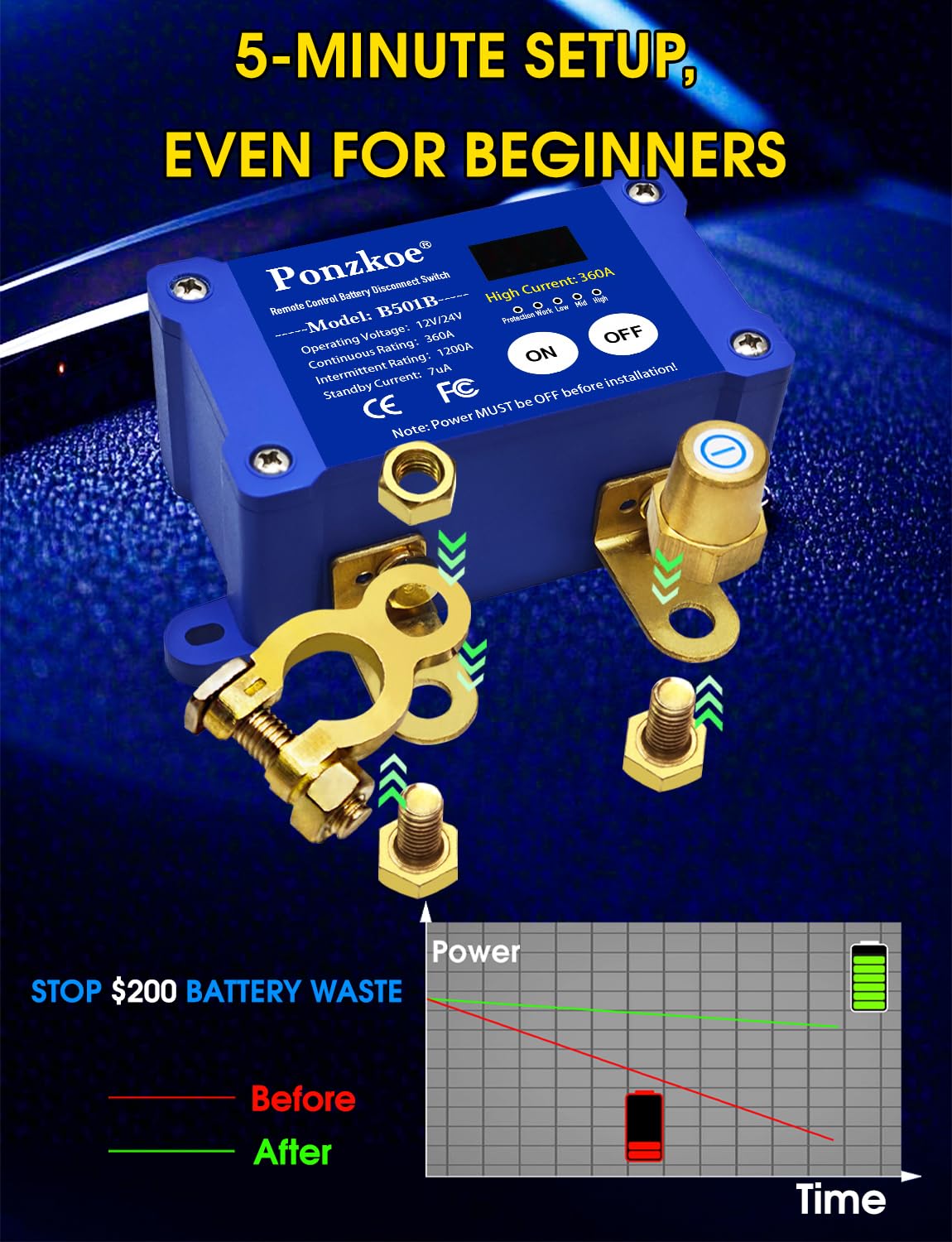   250A Smart Remote Battery Disconnect Switch - Quick Kill Switch for Cars, Marine, RVs, and More