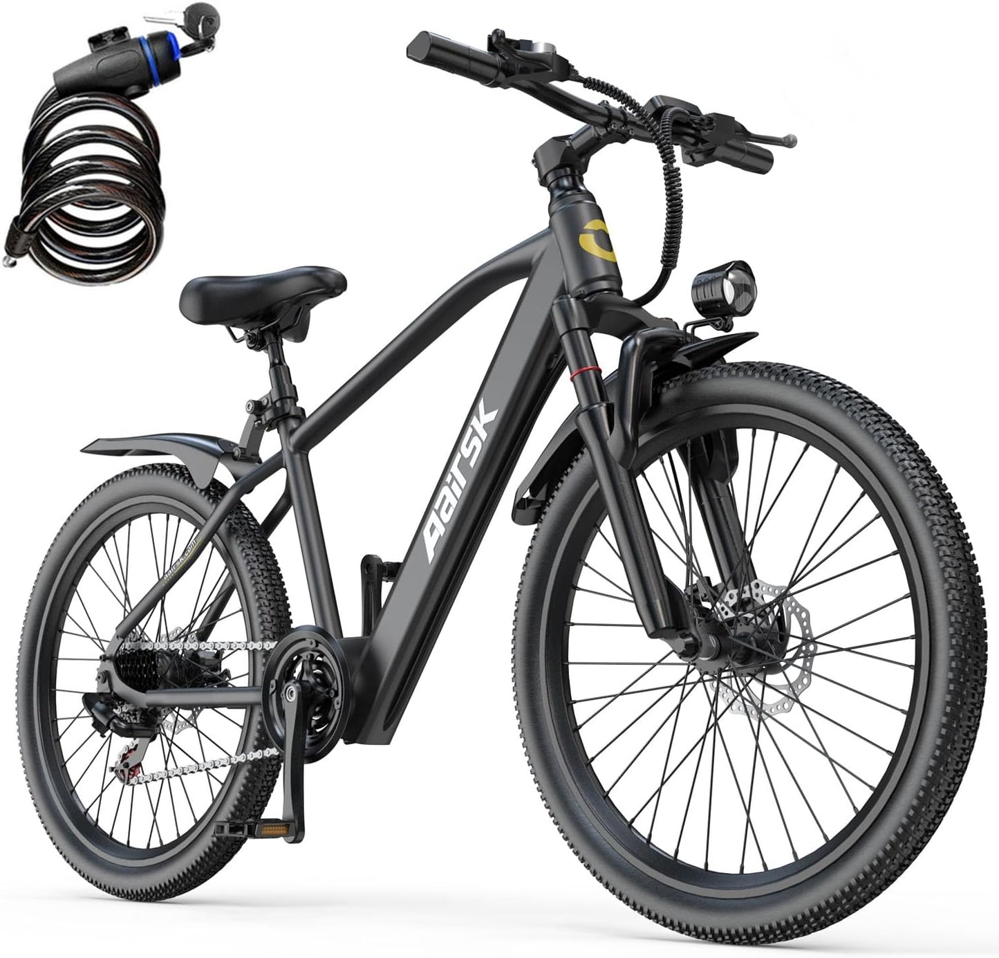 Aairsk GT300 750W Electric Bike for Adults, 24" 26" 40+ Mile Commuter Ebike, Removable Battery, NFC Unlock, 7-Speed Shimano, Suspension Fork