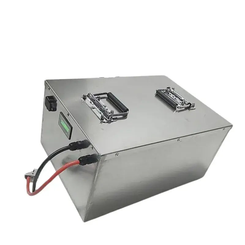 FS 72V LiFePO4 Lithium Battery (50Ah-200Ah) with Charger for Golf Cart & EV in a sleek metal casing.