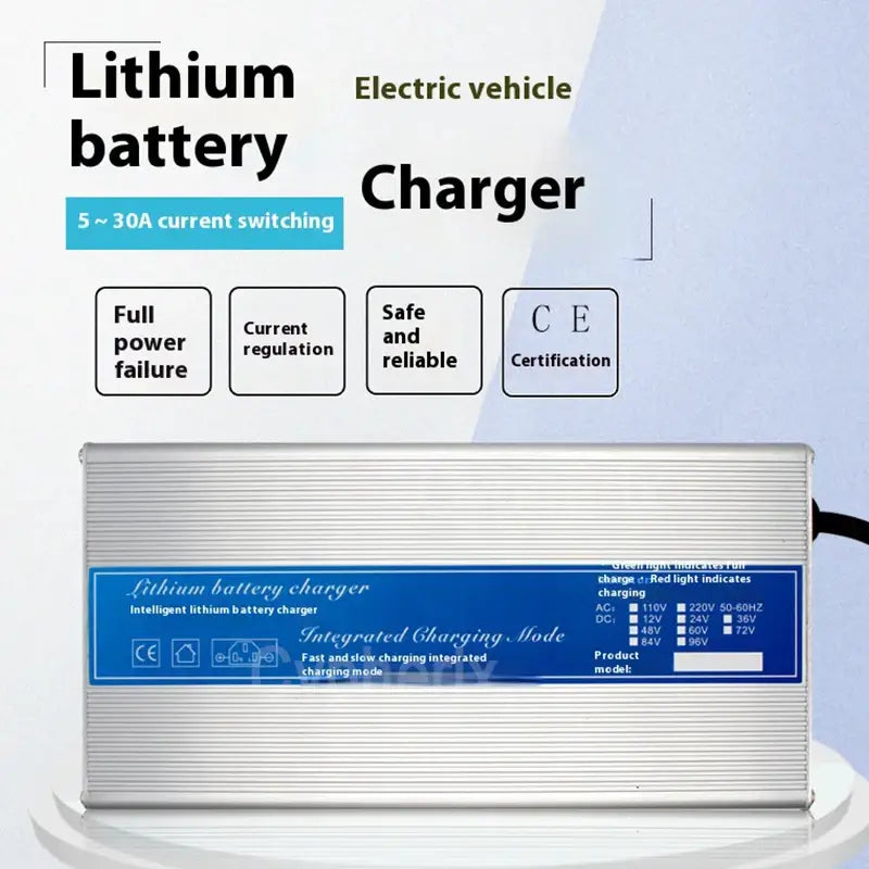 High-Power Smart Charger 84V 96V 108V Series 10A-12A Fast Charger for 18650 Li-ion & LiFePO4 Batteries image showing specifications and features.