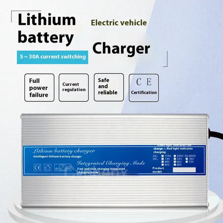 High-Power Smart Charger 84V 96V 108V Series 10A-12A Fast Charger for 18650 Li-ion & LiFePO4 Batteries image showing specifications and features.