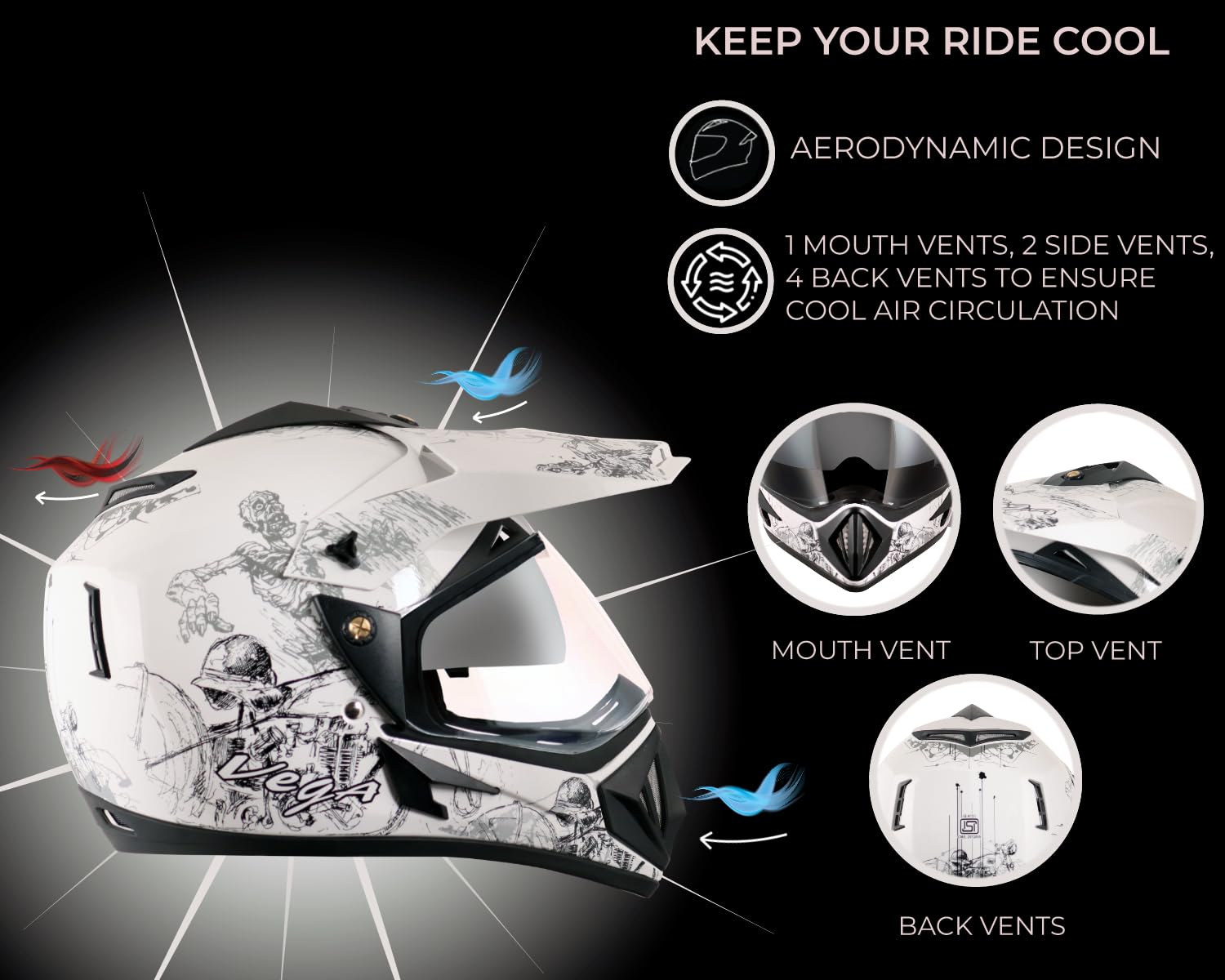   Vega Off Road D/V Sketch White Silver Helmet-M