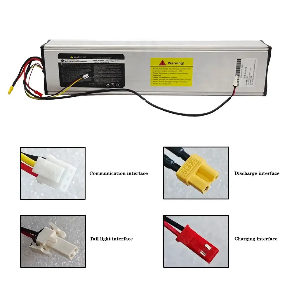 36V 12800mAh High-Capacity Battery for Xiaomi M365 Pro Electric Scooter showing interfaces and connections.