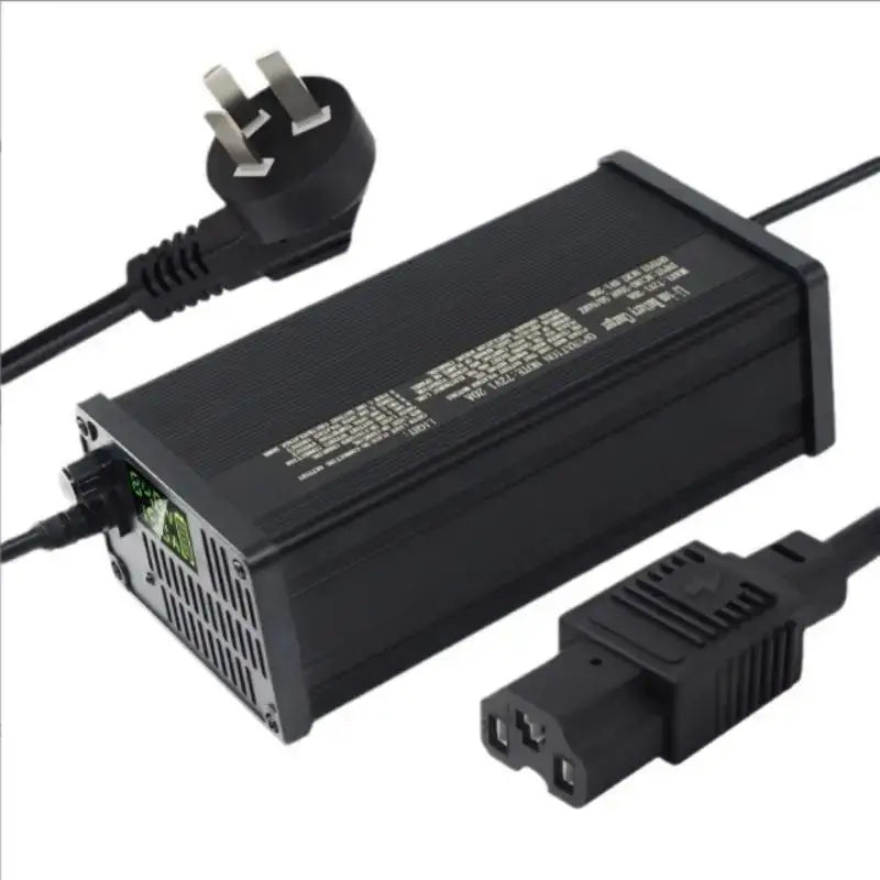 84V Li-ion Smart Charger with HD LCD Display Adjustable 5A-18A for 20S Battery showing charger design and plug.
