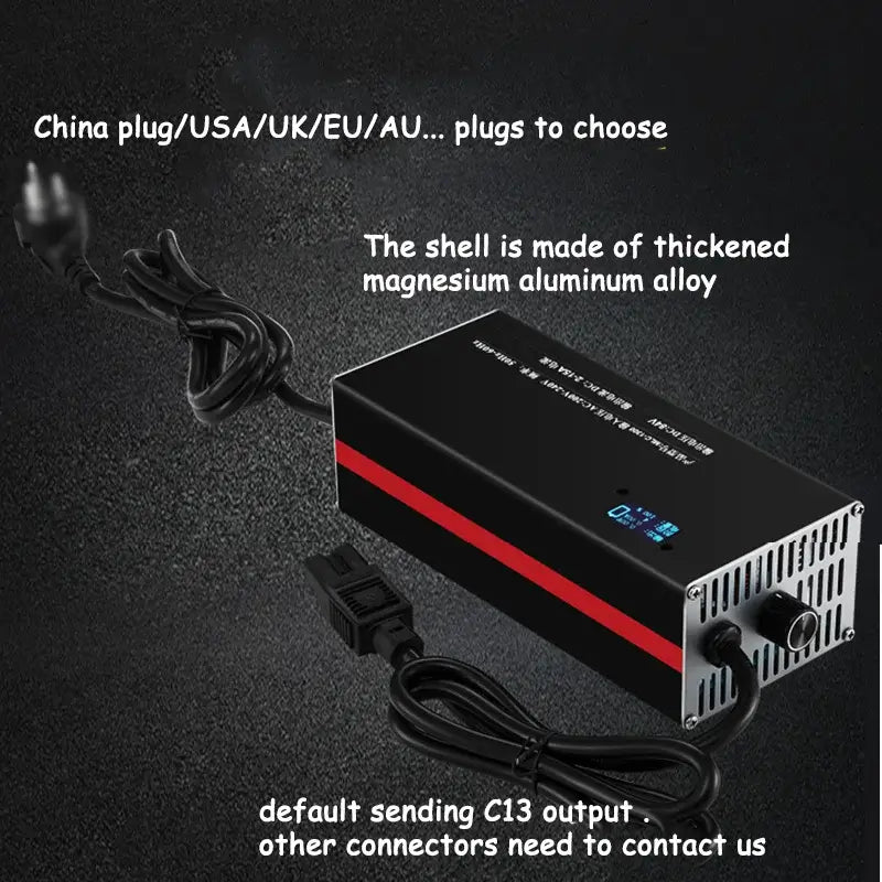 Adjustable 20A Fast Battery Charger 36V-72V Multi-Voltage Support for Li-ion & LiFePO4 (10S-24S) with various plug options.