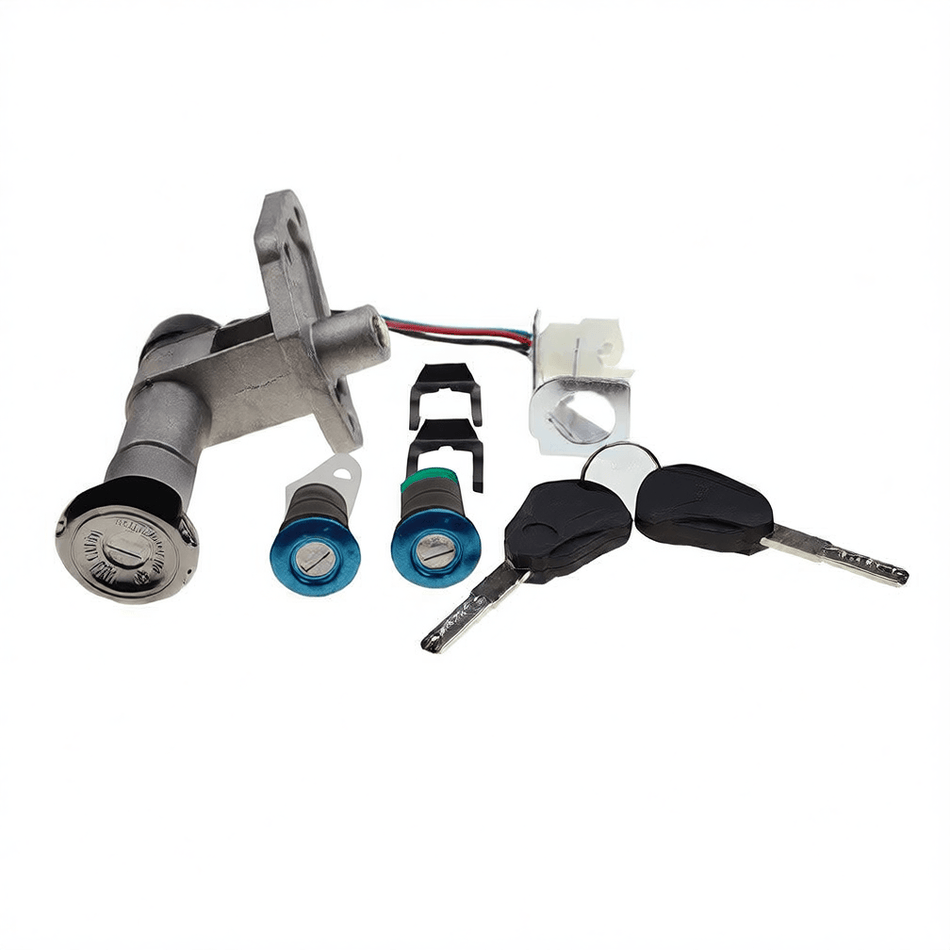 Ignition switch key set for gy6 gas bikes including ignition components and keys for electric start.