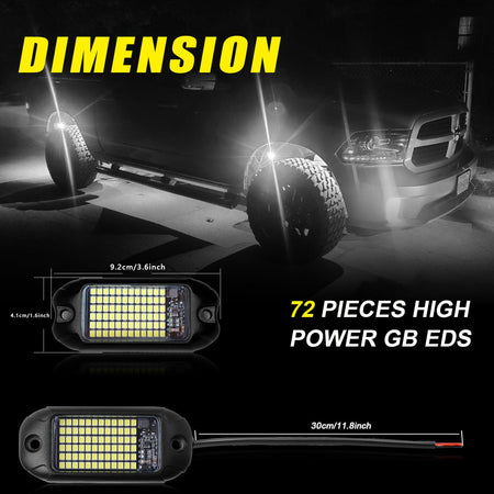   Nicoko 4Pods Pure White 72W High Power Rock Lights - Super Bright LED Underglow for Offroad Vehicles
