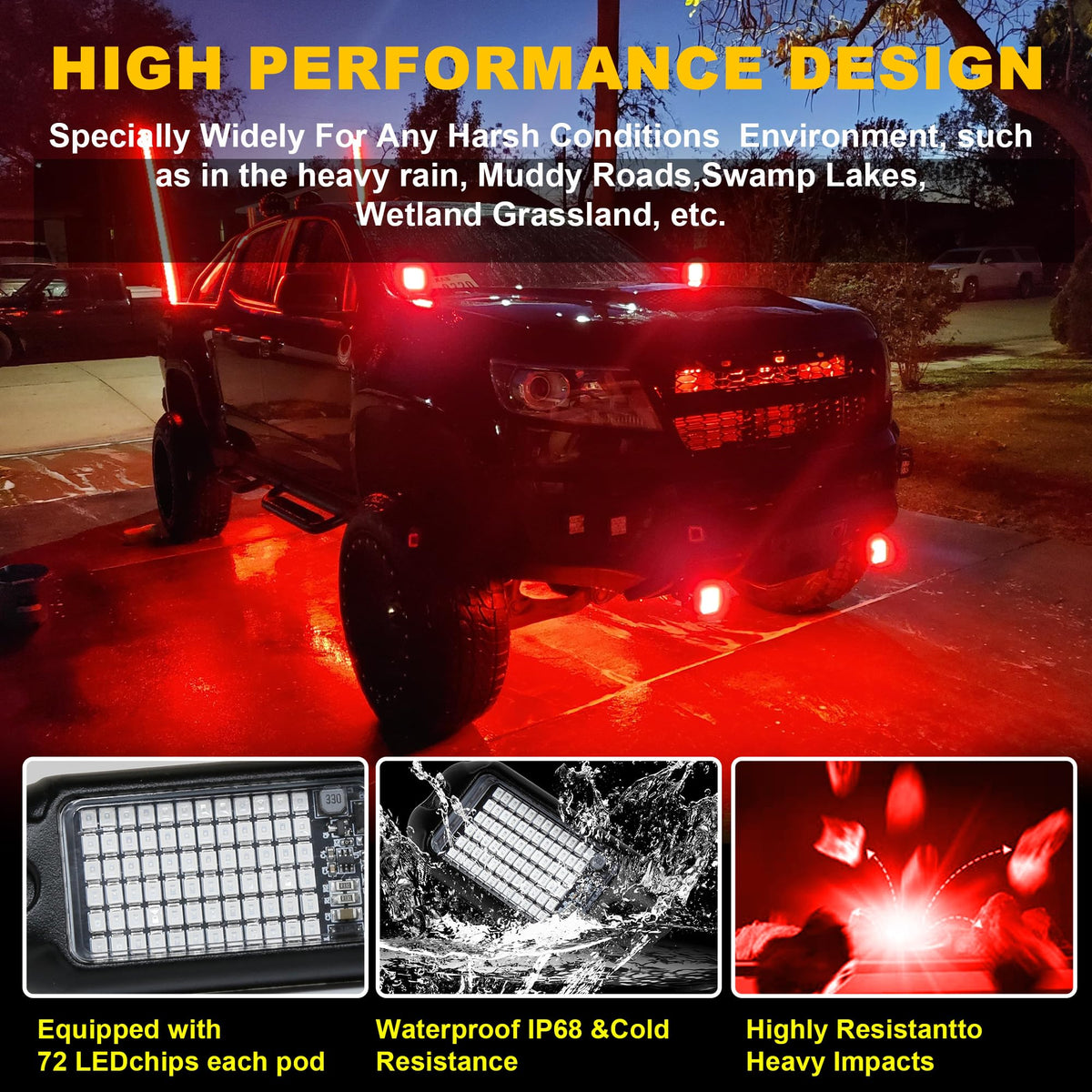   Nicoko 4Pods Pure White 72W High Power Rock Lights - Super Bright LED Underglow for Offroad Vehicles