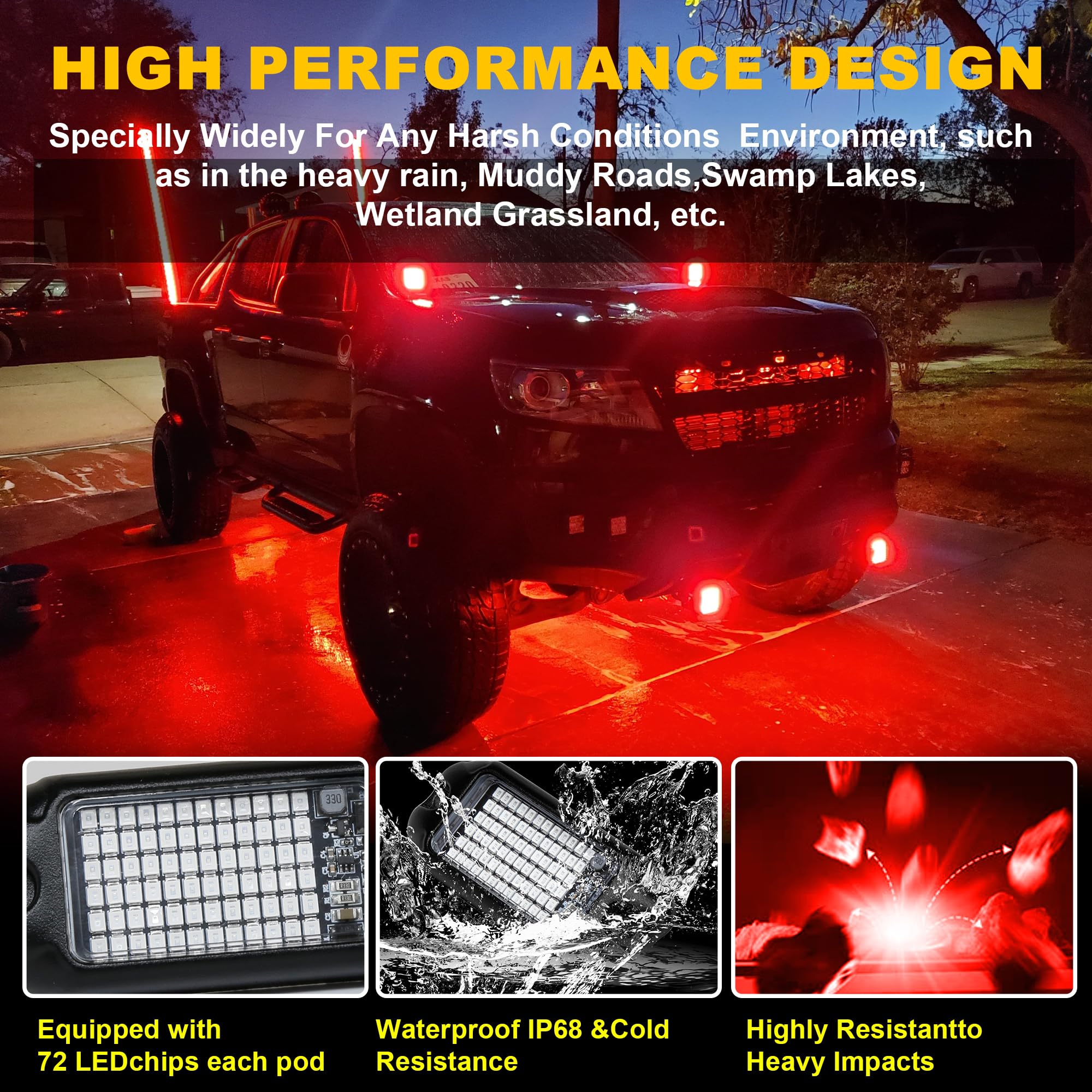   Nicoko 4Pods Pure White 72W High Power Rock Lights - Super Bright LED Underglow for Offroad Vehicles