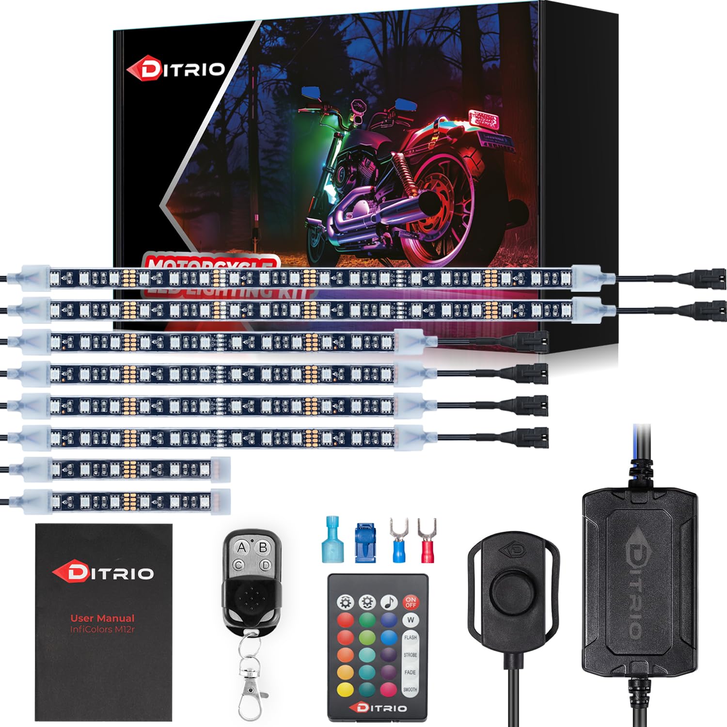   DITRIO 12pcs Underglow RGB LED Strip Light Kit for Motorcycles, Golf Carts, and ATVs