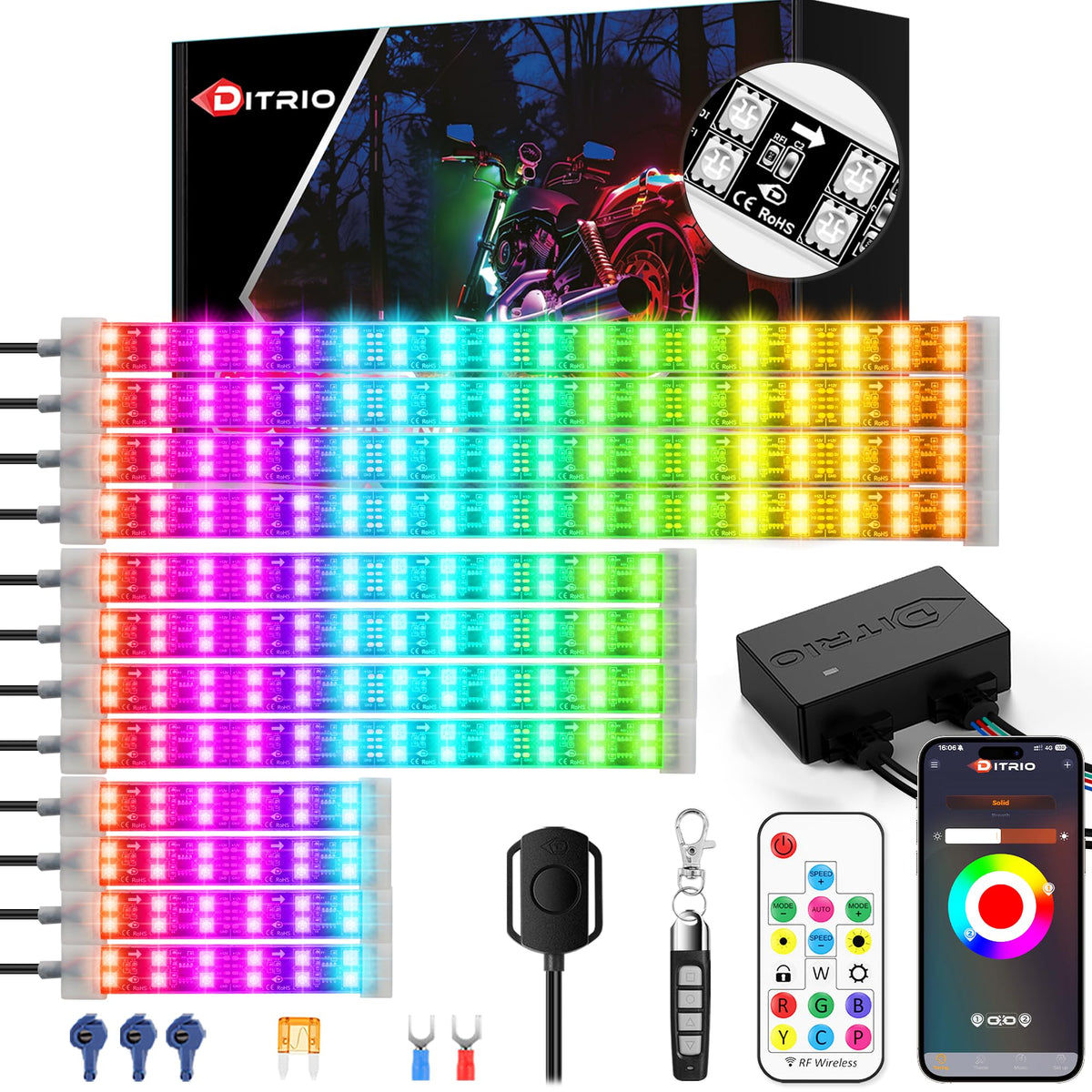   DITRIO 12pcs Underglow RGB LED Strip Light Kit for Motorcycles, Golf Carts, and ATVs