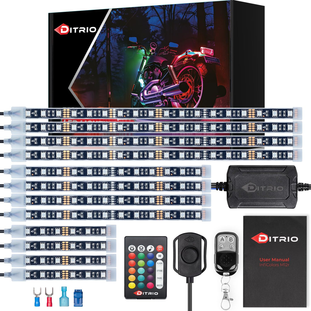   DITRIO 12pcs Underglow RGB LED Strip Light Kit for Motorcycles, Golf Carts, and ATVs