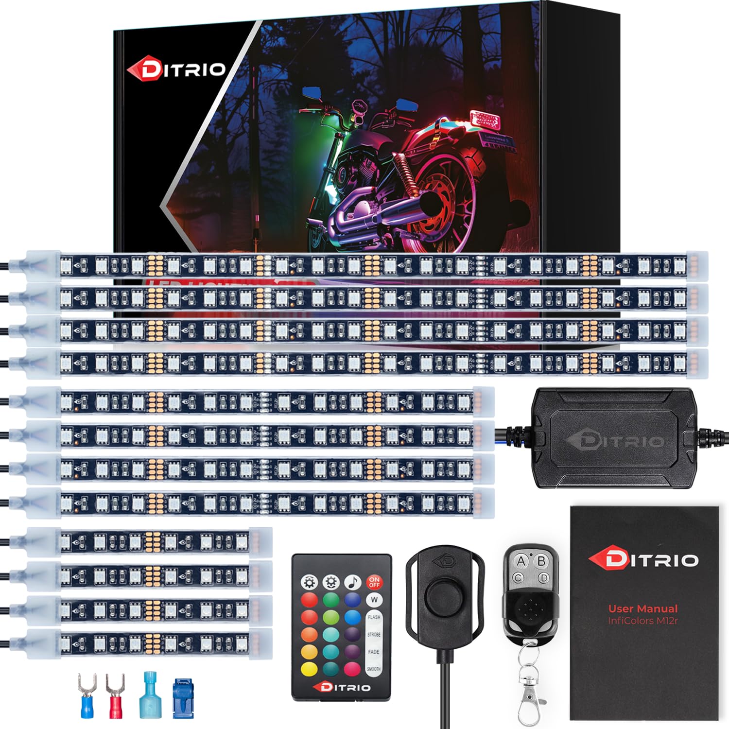   DITRIO 12pcs Underglow RGB LED Strip Light Kit for Motorcycles, Golf Carts, and ATVs