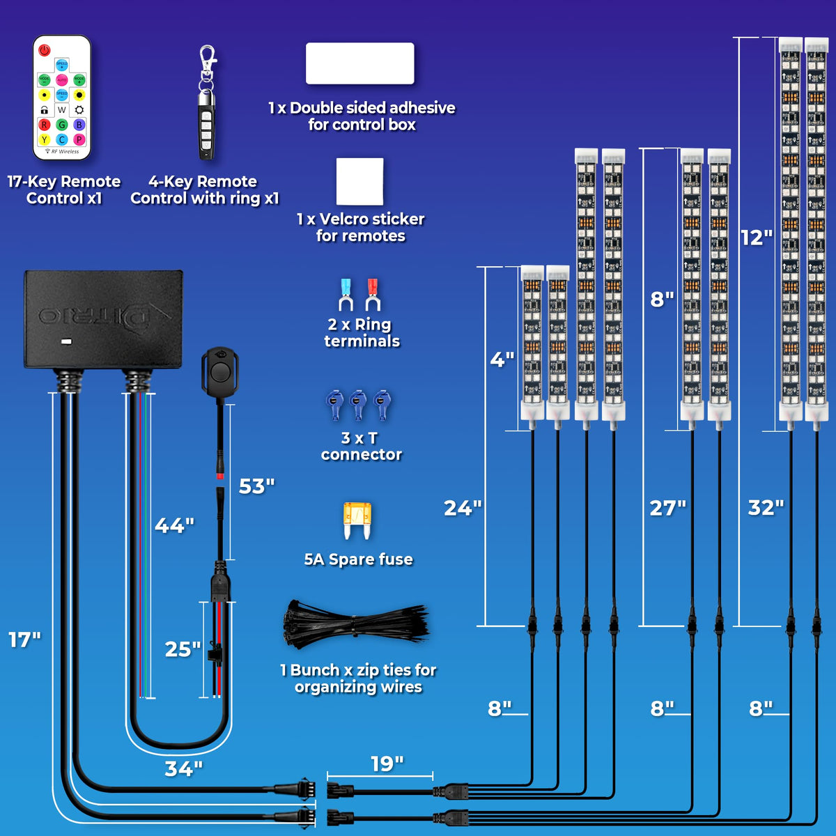   DITRIO 12pcs Underglow RGB LED Strip Light Kit for Motorcycles, Golf Carts, and ATVs