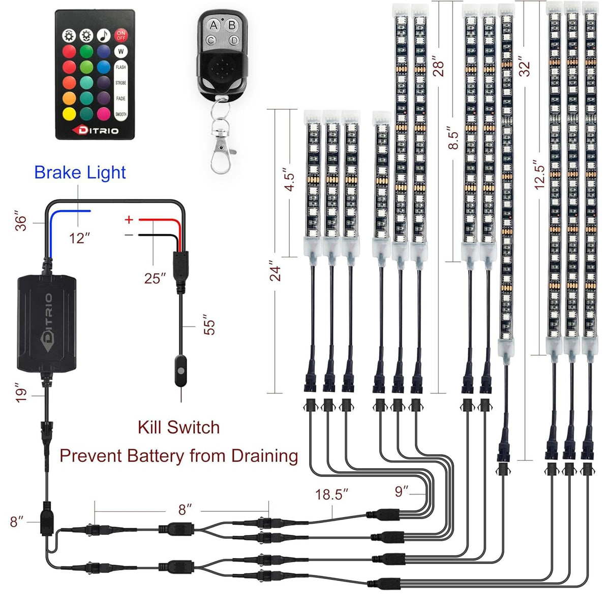   DITRIO 12pcs Underglow RGB LED Strip Light Kit for Motorcycles, Golf Carts, and ATVs