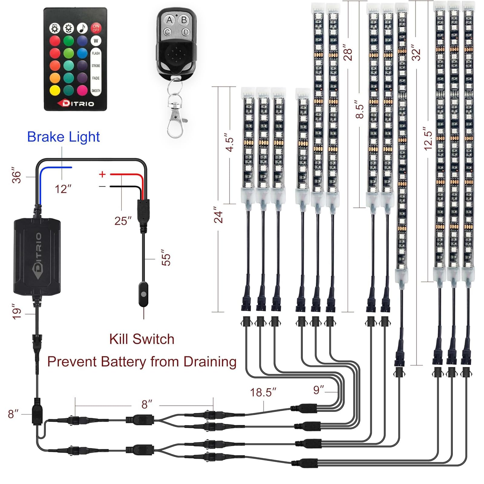   DITRIO 12pcs Underglow RGB LED Strip Light Kit for Motorcycles, Golf Carts, and ATVs