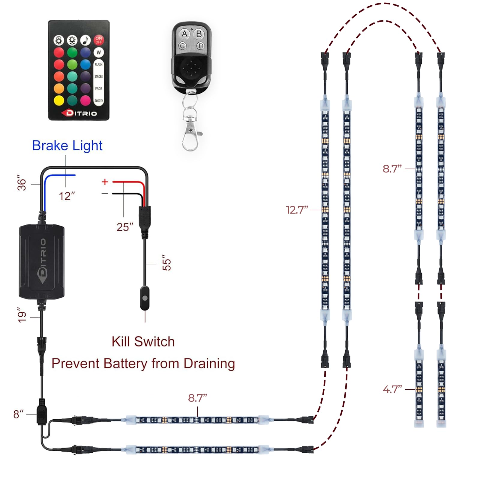   DITRIO 12pcs Underglow RGB LED Strip Light Kit for Motorcycles, Golf Carts, and ATVs