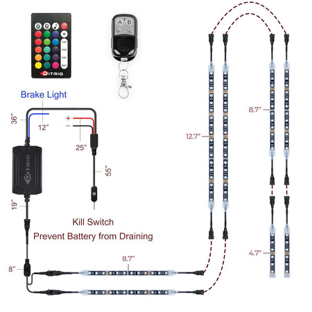   DITRIO 12pcs Underglow RGB LED Strip Light Kit for Motorcycles, Golf Carts, and ATVs