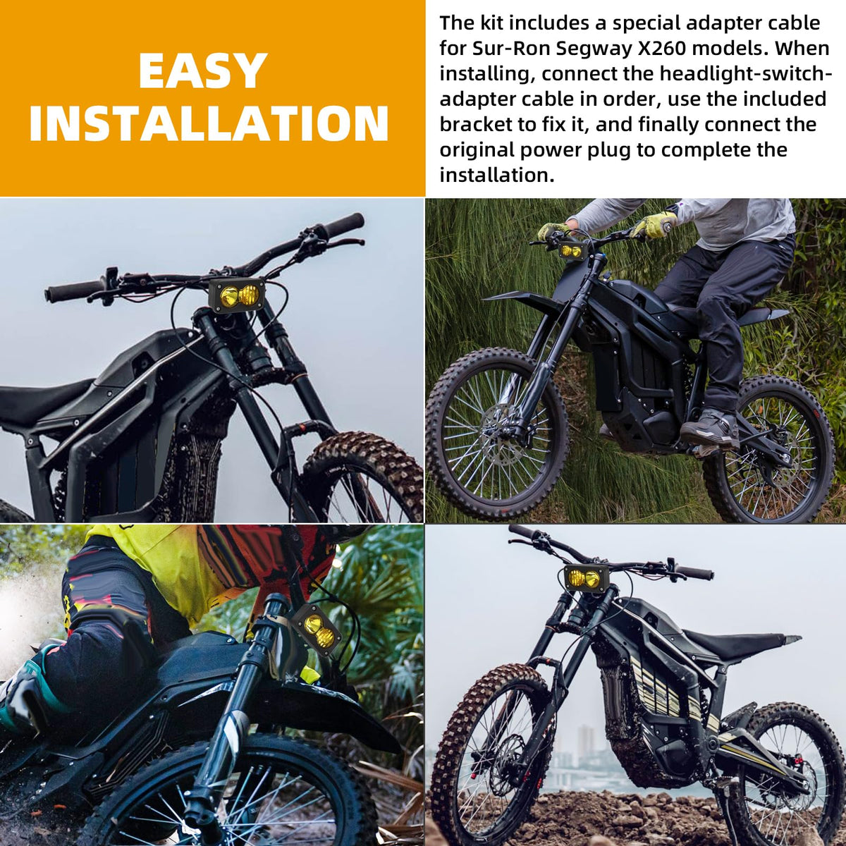   Dirtbike Headlight Kit for Sur-Ron Segway X260 & Talaria Sting R MX4 - LED Yellow Light Bar with Blue Switch