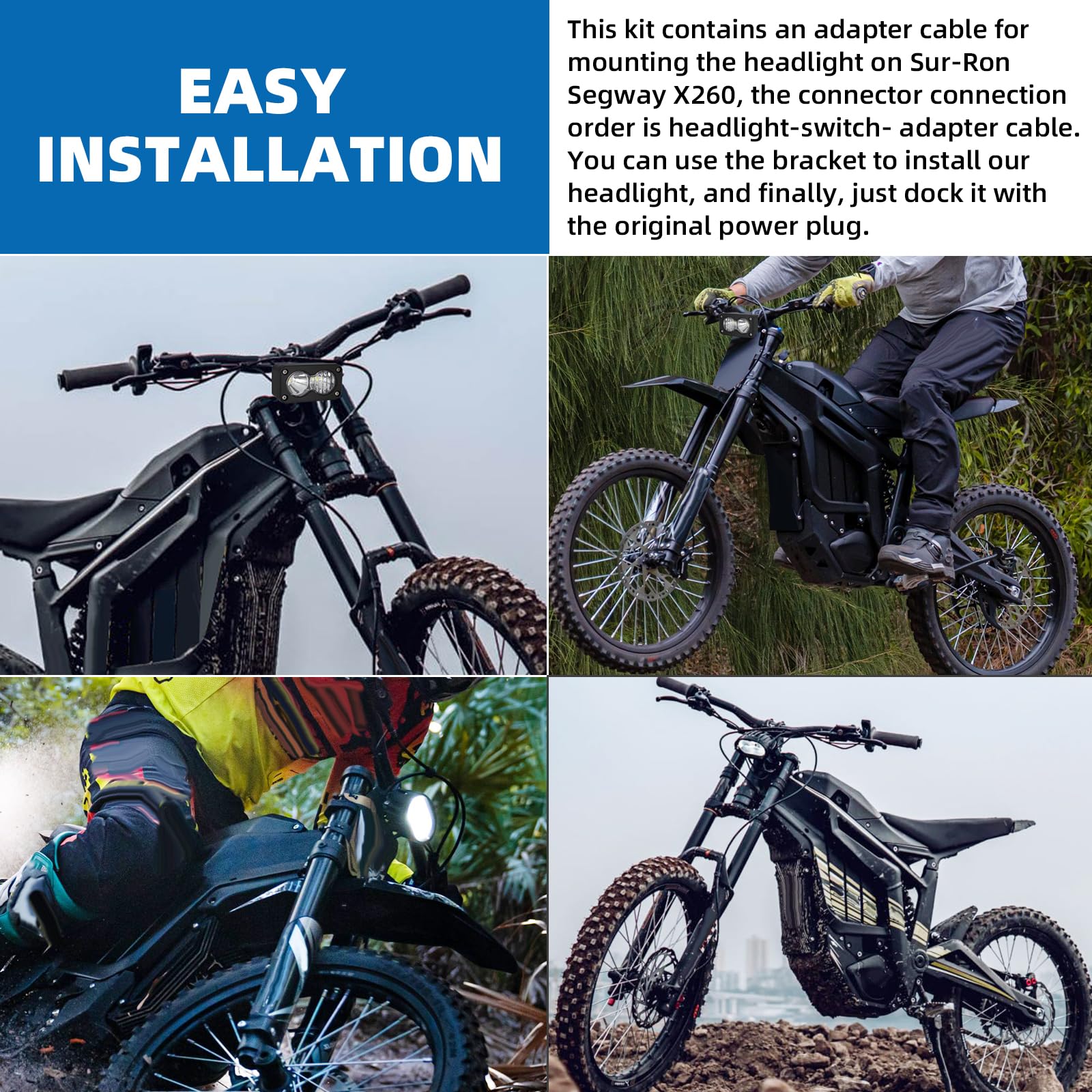   Dirtbike Headlight Kit for Sur-Ron Segway X260 & Talaria Sting R MX4 - LED Yellow Light Bar with Blue Switch