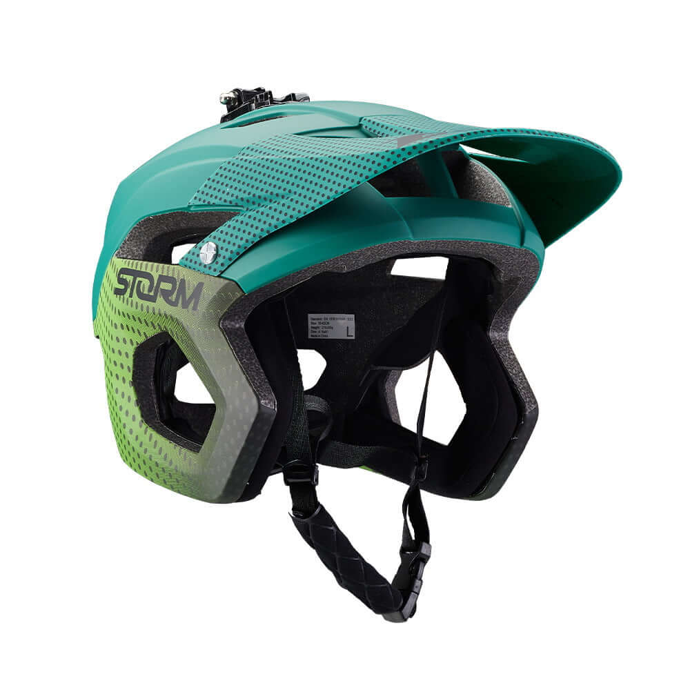 Mountain bike helmet in sleek green design with advanced ventilation and safety features for cycling protection.