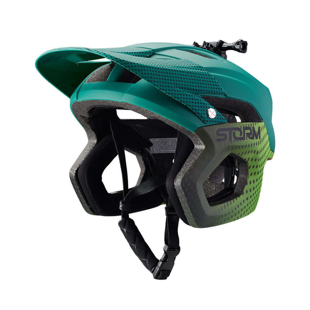 Mountain bike helmet with modern dropFrame design and breathable ventilation system in green color.