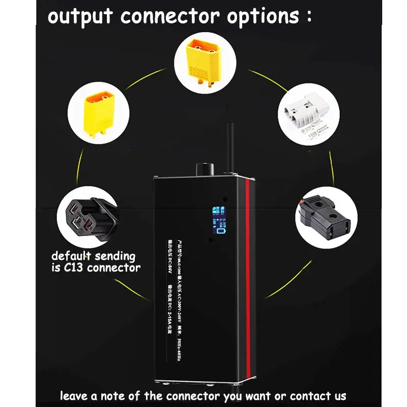 Adjustable 20A Fast Battery Charger 36V-72V Multi-Voltage Support for Li-ion & LiFePO4 (10S-24S) output connector options.