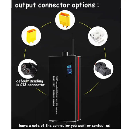 Adjustable 20A Fast Battery Charger 36V-72V Multi-Voltage Support for Li-ion & LiFePO4 (10S-24S) output connector options.
