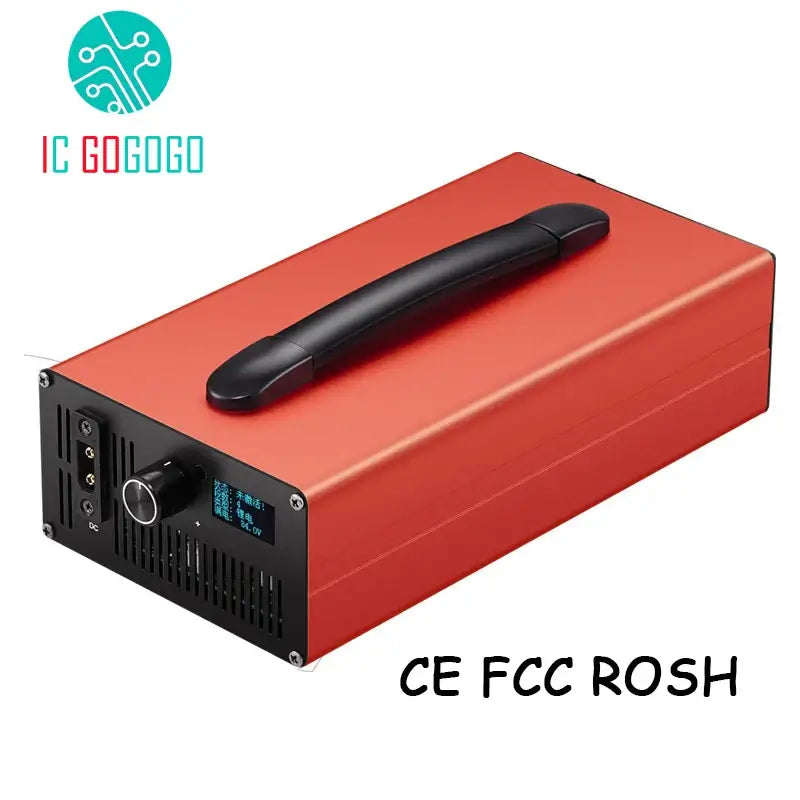 Adjustable High-Power Smart Charger 36V-84V 3A-30A for Li-ion & LiFePO4 in red with control display and handle.