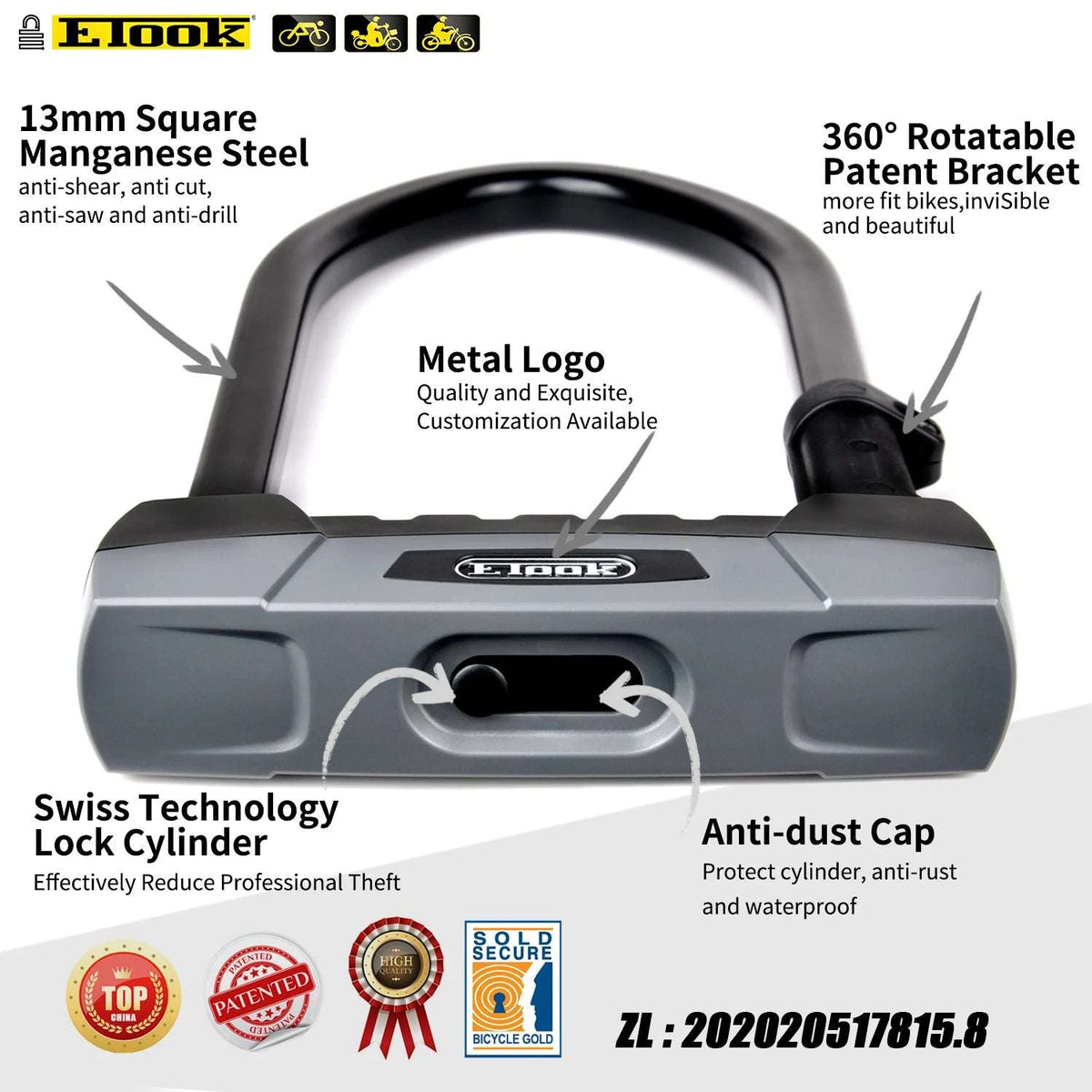   ETOOK Heavy Duty U Lock for Bicycle and Motorcycle