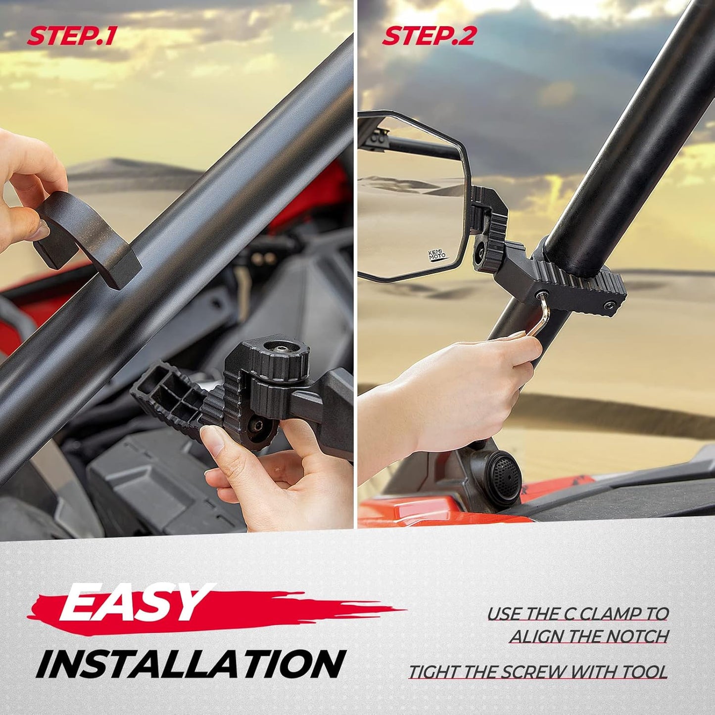   KEMIMOTO UTV Side Mirrors for 1.65-2 Inch Roll Bar - Compatible with Polaris RZR, Can-Am Maverick X3, and More