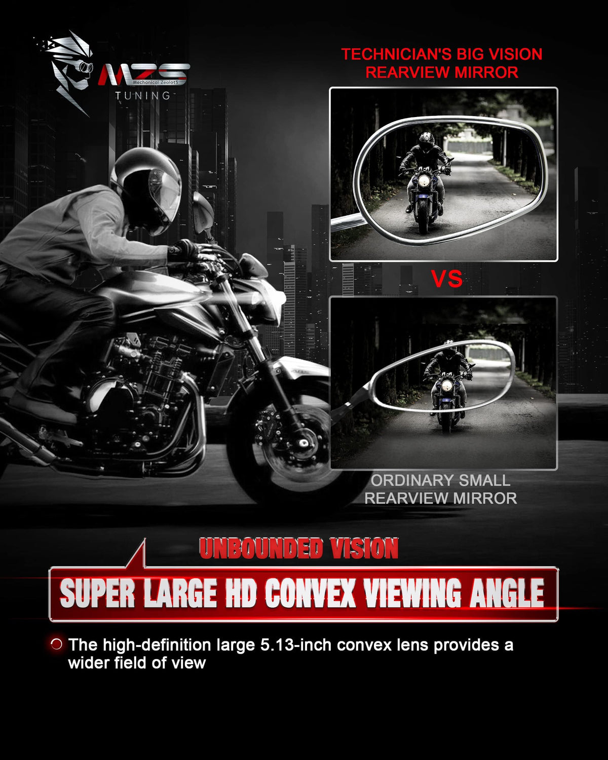   MZS Black Motorcycle Mirrors 10MM - Heavy Duty Aluminum Universal Rear View Side Mirror