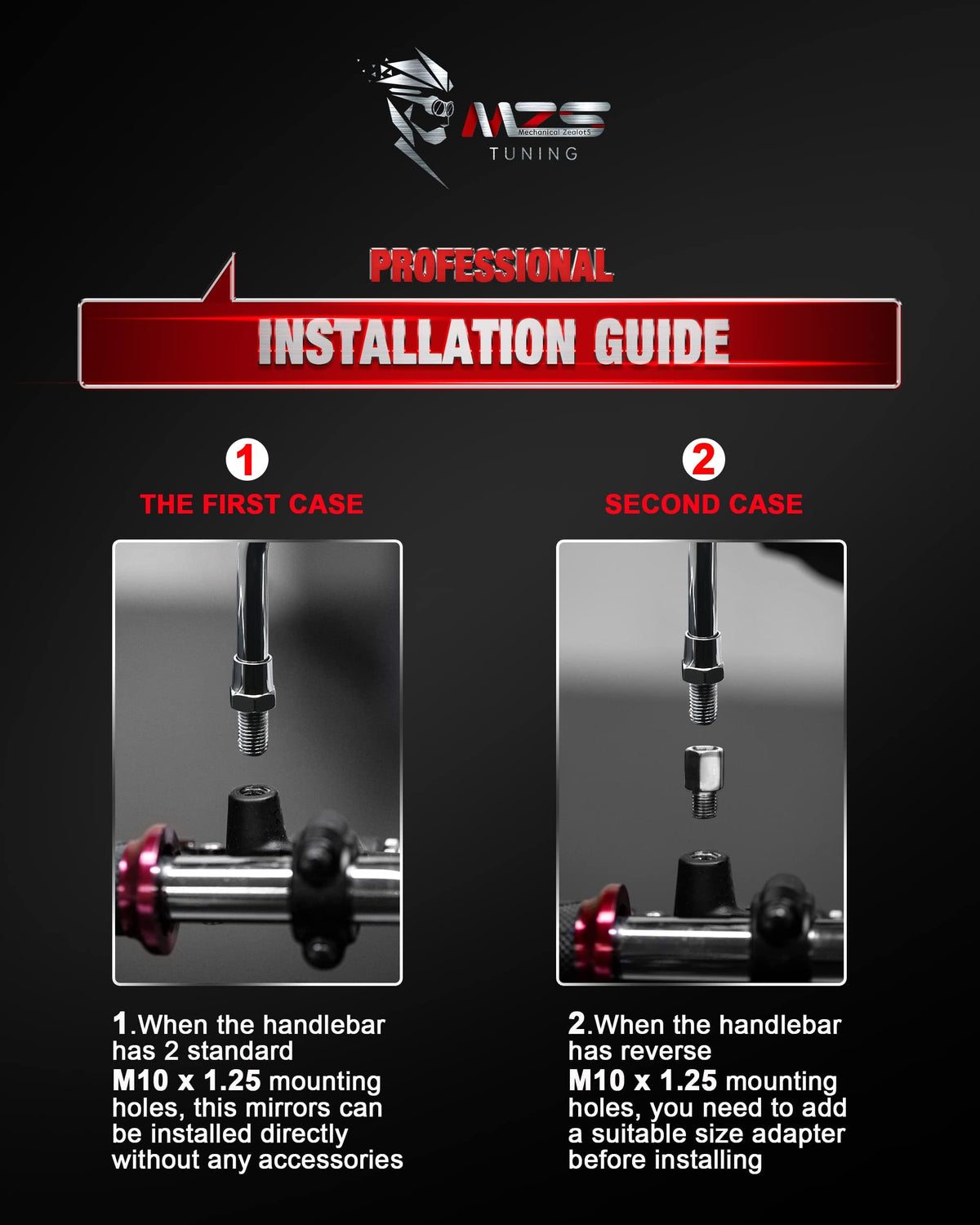   MZS Black Motorcycle Mirrors 10MM - Heavy Duty Aluminum Universal Rear View Side Mirror