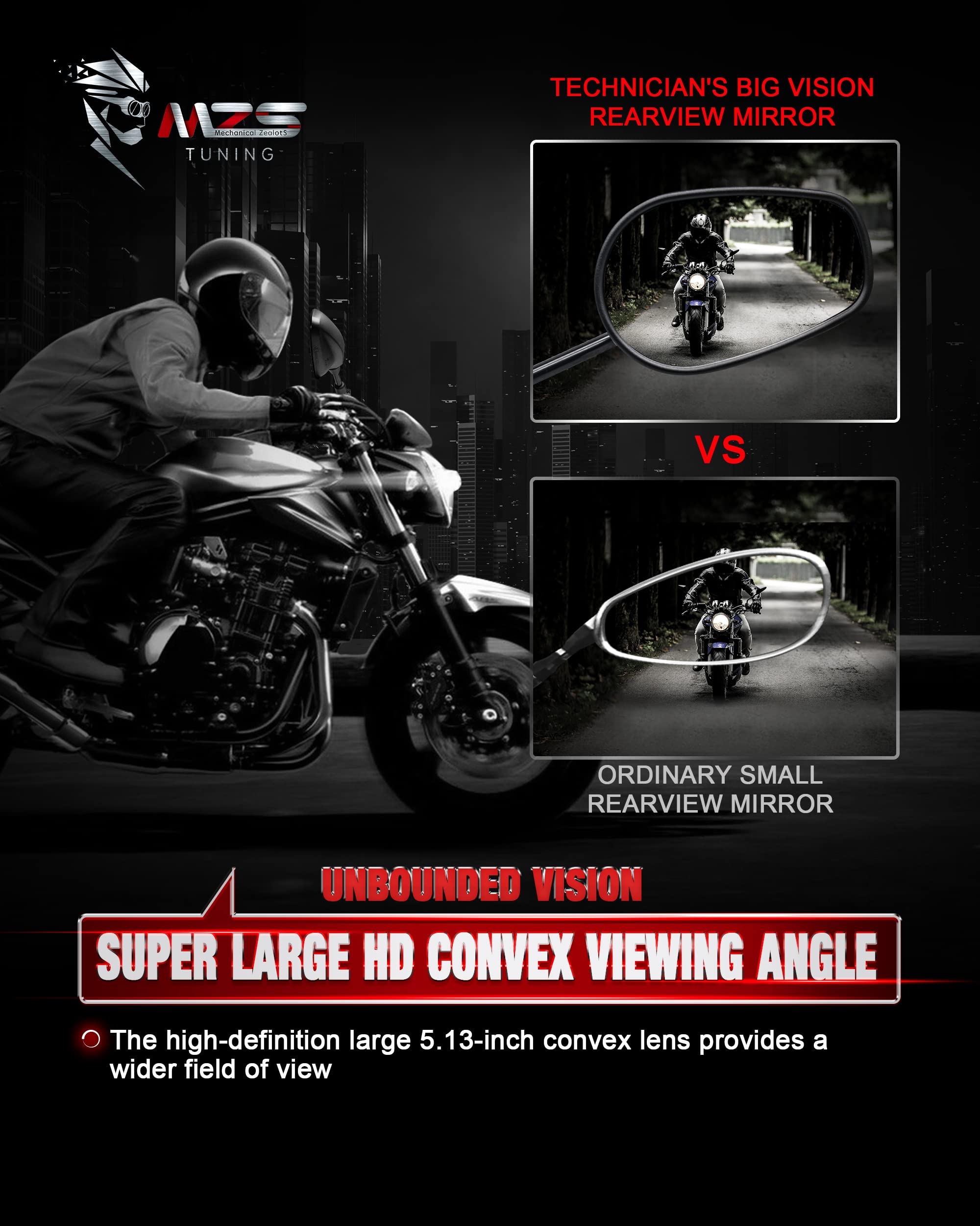   MZS Black Motorcycle Mirrors 10MM - Heavy Duty Aluminum Universal Rear View Side Mirror