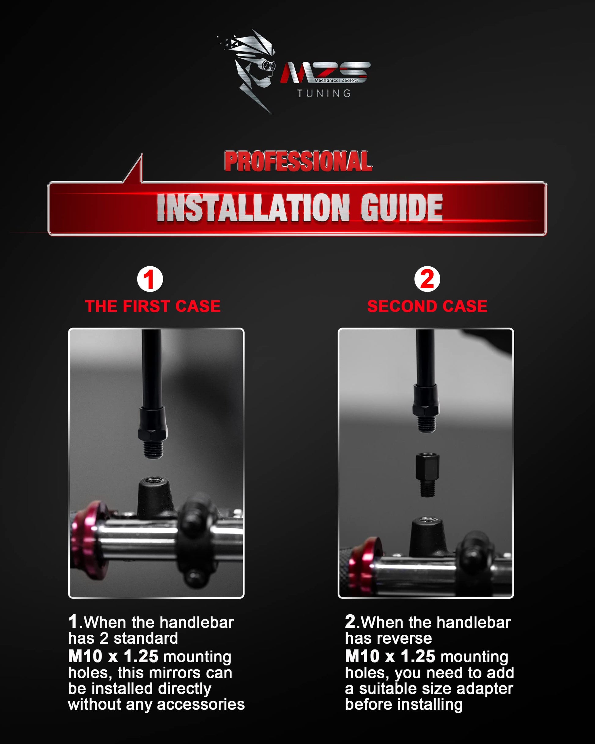   MZS Black Motorcycle Mirrors 10MM - Heavy Duty Aluminum Universal Rear View Side Mirror