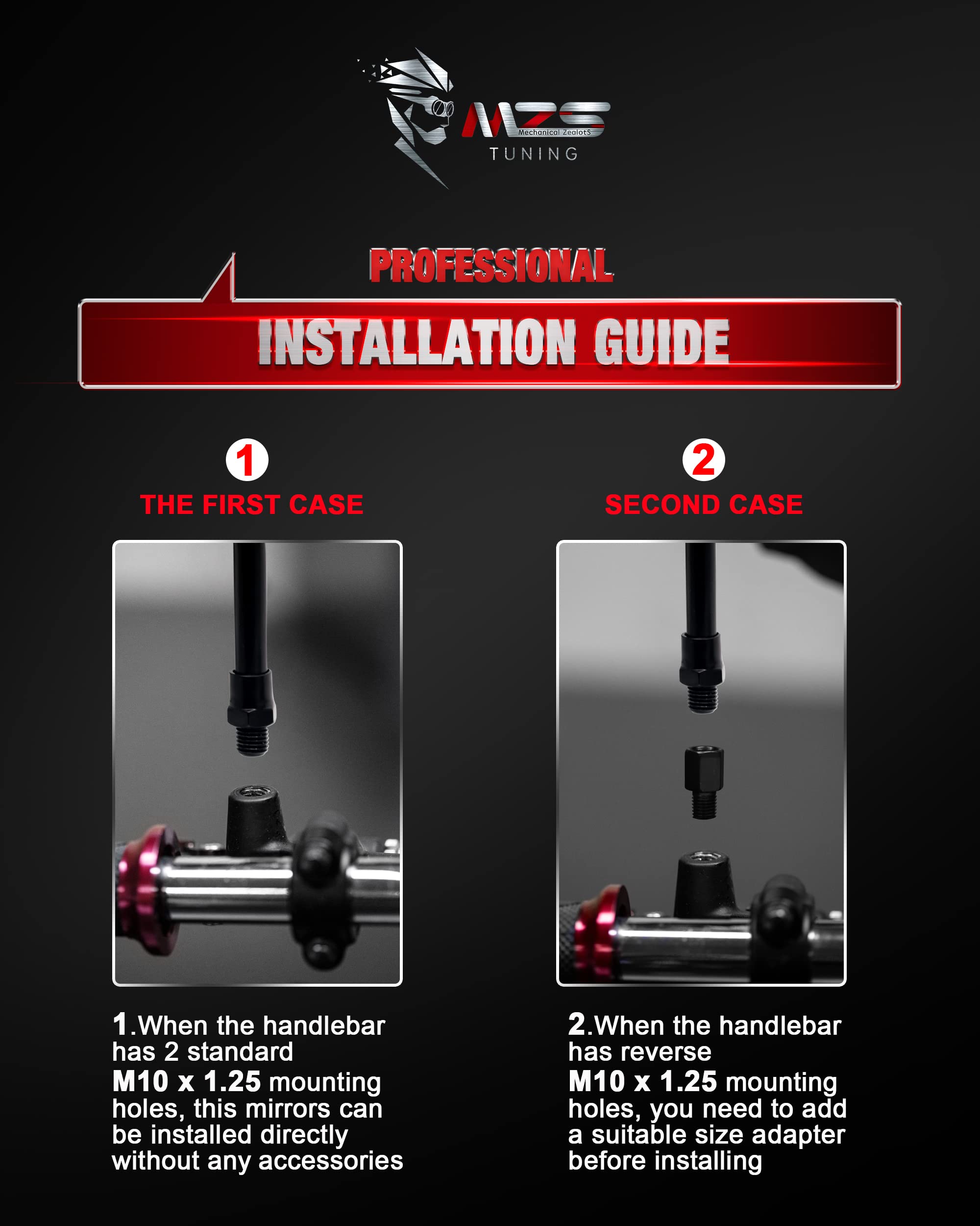   MZS Black Motorcycle Mirrors 10MM - Heavy Duty Aluminum Universal Rear View Side Mirror